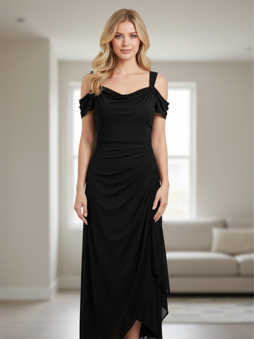 Alex Evenings Black One-Shoulder Drape Evening Gown